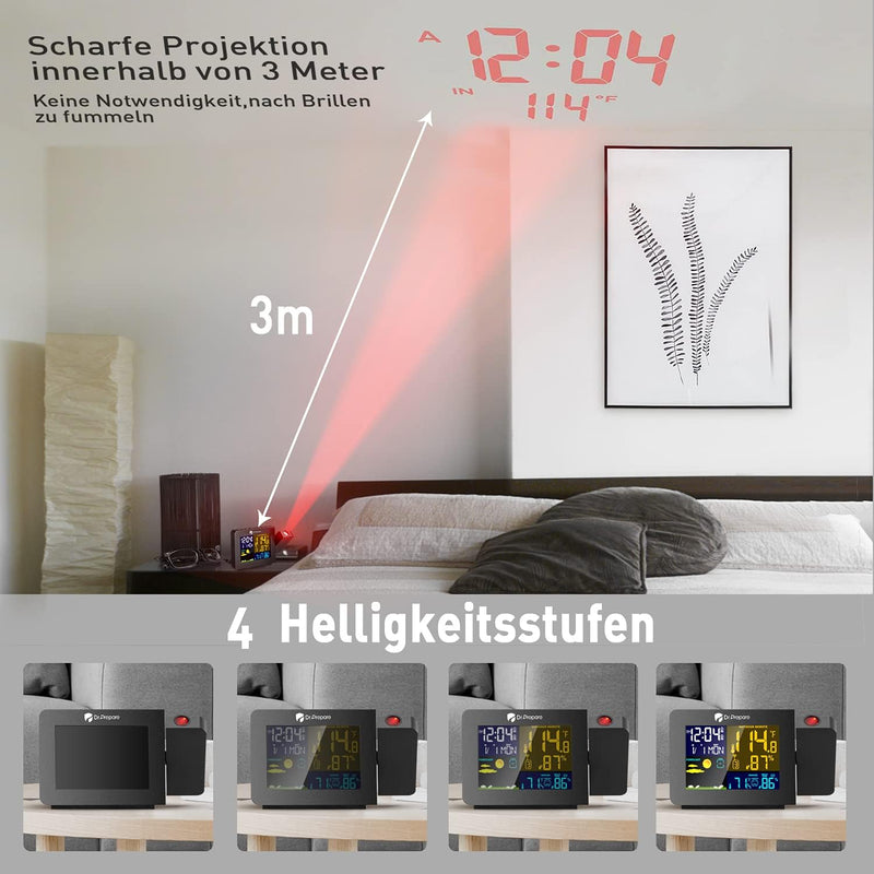 DR.PREPARE Projektionswecker Digitaler Wecker mit Projektion Wecker Wetterstation mit Aussensensor z