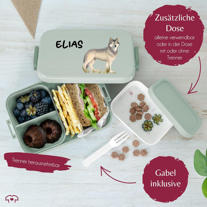 Kinder Bento Box Midi Lunchbox für Mepal Bentobox - Wolf mit Name personalisiert I Wolfsmotiv Gesche
