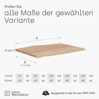 LAMO Manufaktur Holzplatte für Esstisch Küchentisch Küchenarbeitsplatte Tischplatte Baumkante 140x60