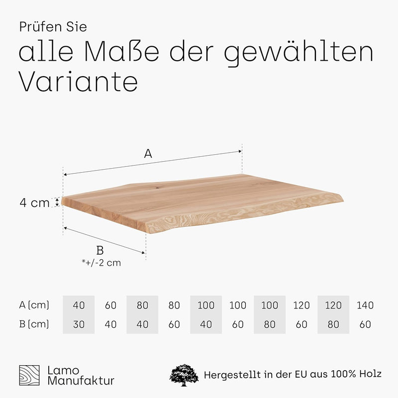 LAMO Manufaktur Holzplatte für Esstisch Küchentisch Küchenarbeitsplatte Tischplatte Baumkante 140x60