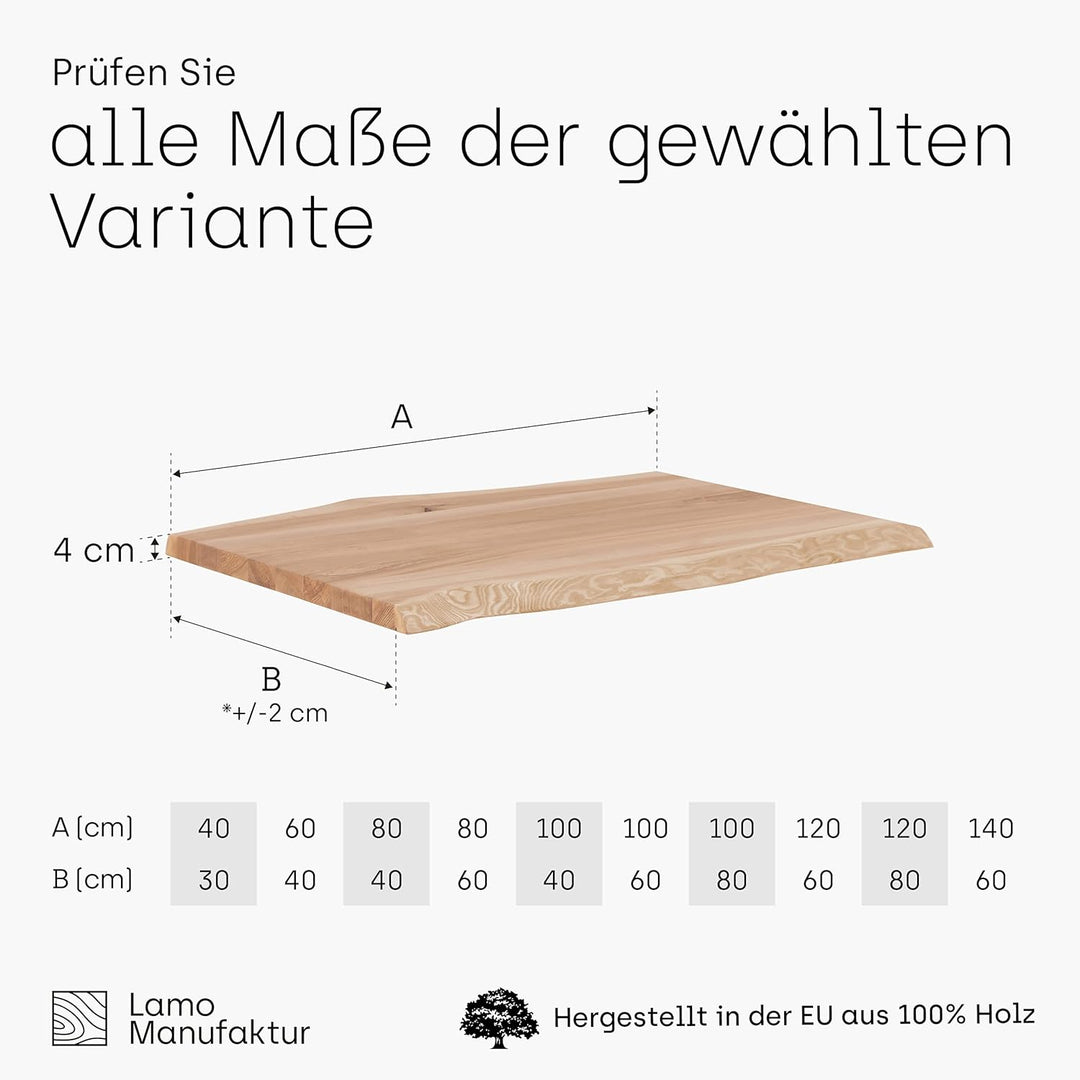 LAMO Manufaktur Massivholzplatte Tischplatte Baumkante für Schreibtisch, Esstisch, 120x60 cm, Roh, L