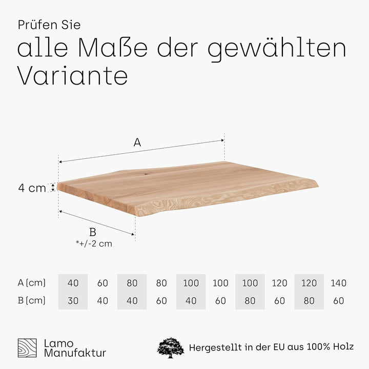 LAMO Manufaktur Massivholzplatte Tischplatte Baumkante für Schreibtisch, Esstisch, 120x60 cm, Roh, L