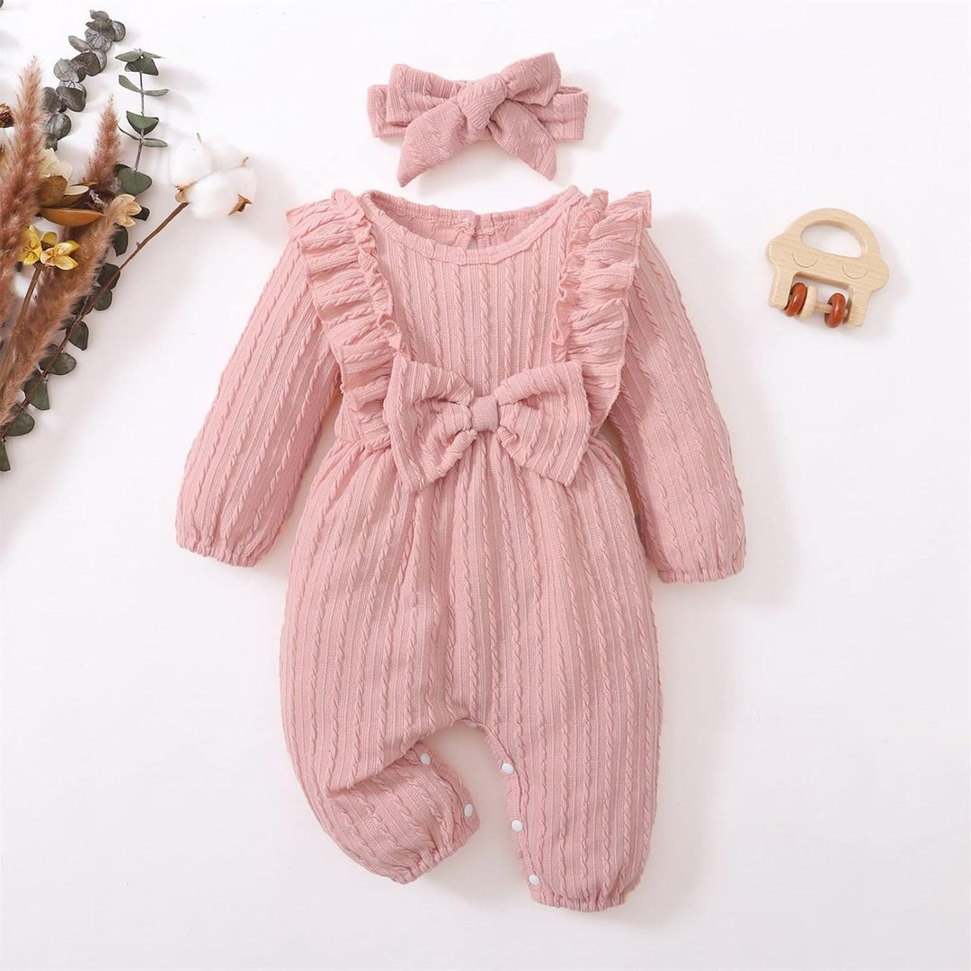 Neugeborene Kleidung für Mädchen Langarm-Overall-Stirnband-Set für Kleinkinder mit Textur und Schlei