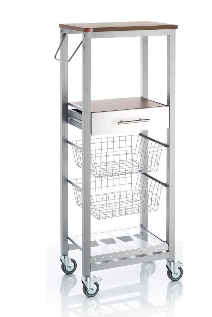 DON HIERRO -Küchenwagen ONDA Alto – Metall-Beistellmöbel in Aluminiumoptik mit 2 Körben, Schublade u
