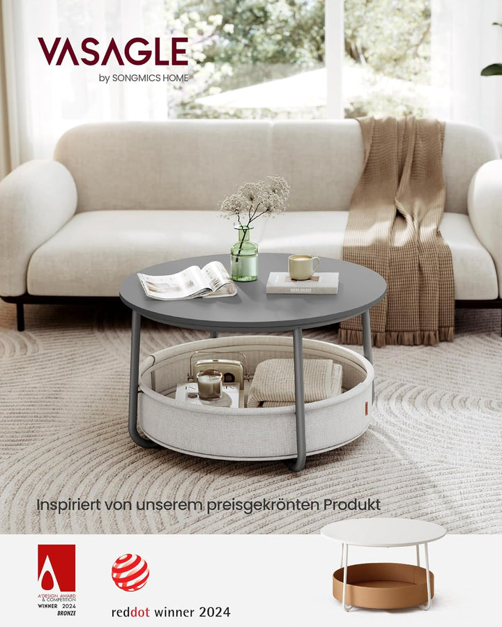 VASAGLE Couchtisch rund, Tisch mit Stauraum, Beistelltisch, Wohnzimmertisch mit Korb aus Stoff, mode