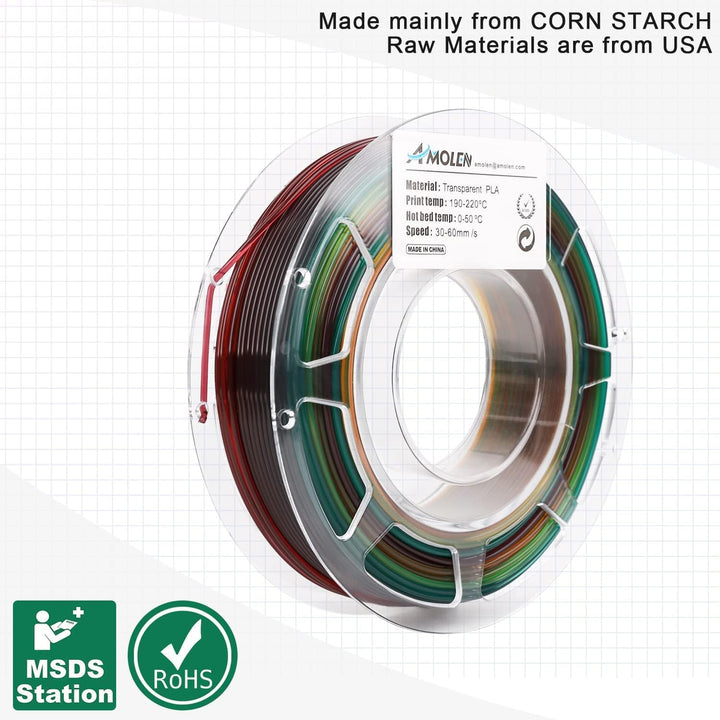AMOLEN 3D Drucker Filament Bundle, Transparentes PLA Filament 1.75mm, Rainbow Pla, 200gx4 Spulen, Bl