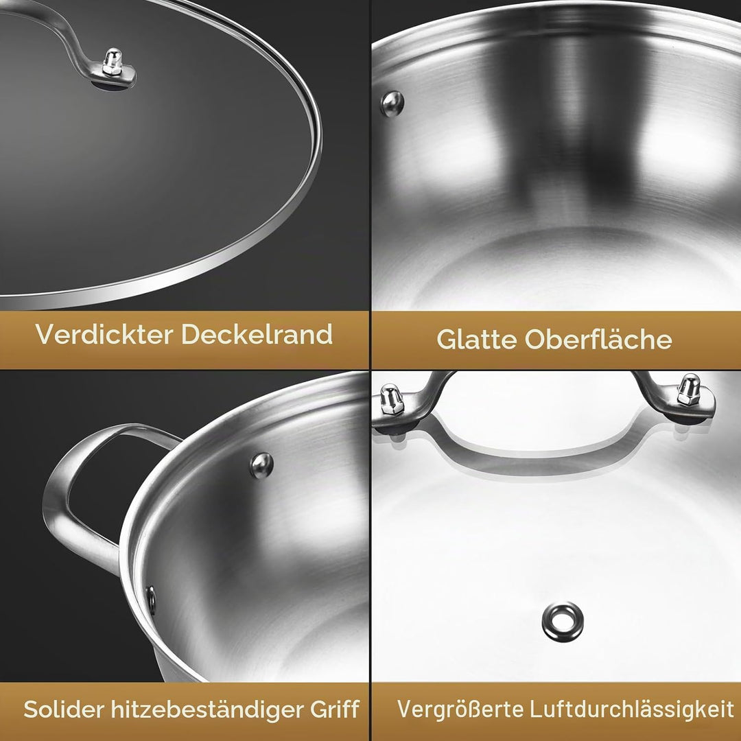 LOLYKITCH Schmorpfanne 28 cm Hoher Rand, Servierpfanne mit Deckel, Edelstahl Unbeschichtet Sautepfan