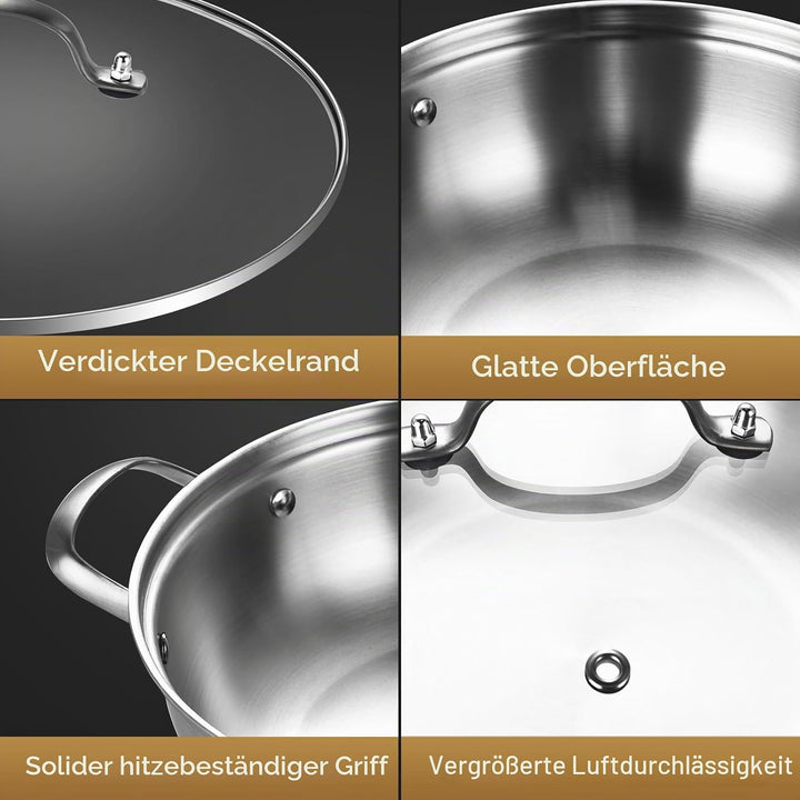 LOLYKITCH Schmorpfanne 28 cm Hoher Rand, Servierpfanne mit Deckel, Edelstahl Unbeschichtet Sautepfan