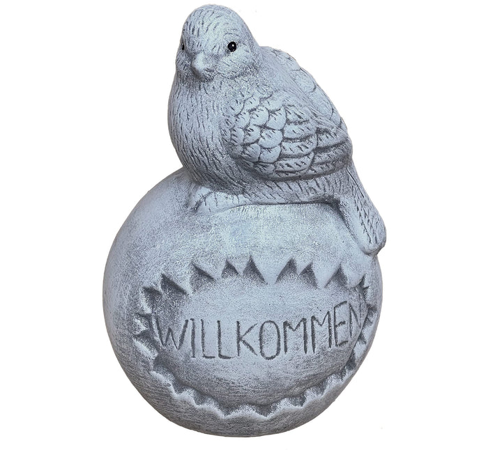 stoneandstyle Steinfigur Vogel auf Kugel Willkommen frostfest Steinguss