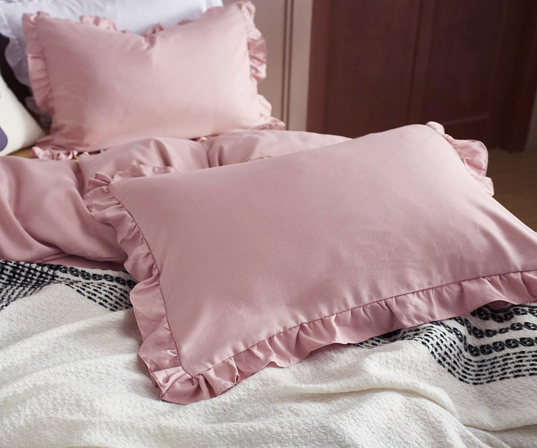 Lanqinglv Rüschen Bettwäsche 155x220cm 2 Teilig Rosa Mädchen Mikrofaser Renforce Bettbezug Deckenbez