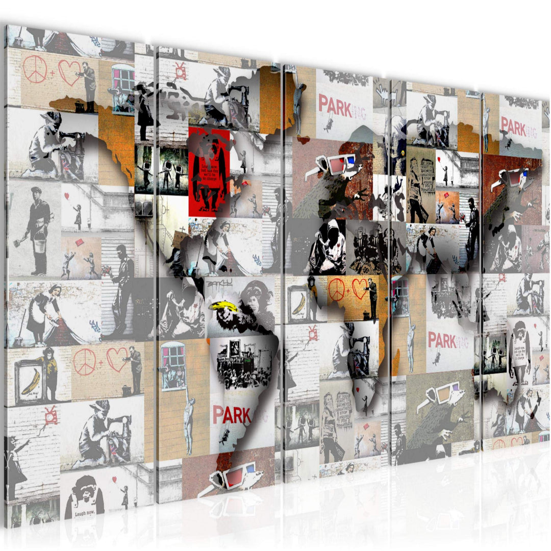 Runa Art Wandbild XXL Weltkarte Banksy Collage Loft Wohnzimmer 200 x 80 cm Bunt 5 Teilig - Made in G