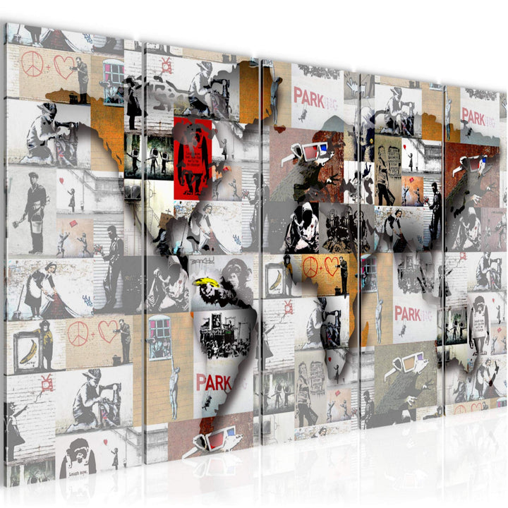 Runa Art Wandbild XXL Weltkarte Banksy Collage Loft Wohnzimmer 200 x 80 cm Bunt 5 Teilig - Made in G
