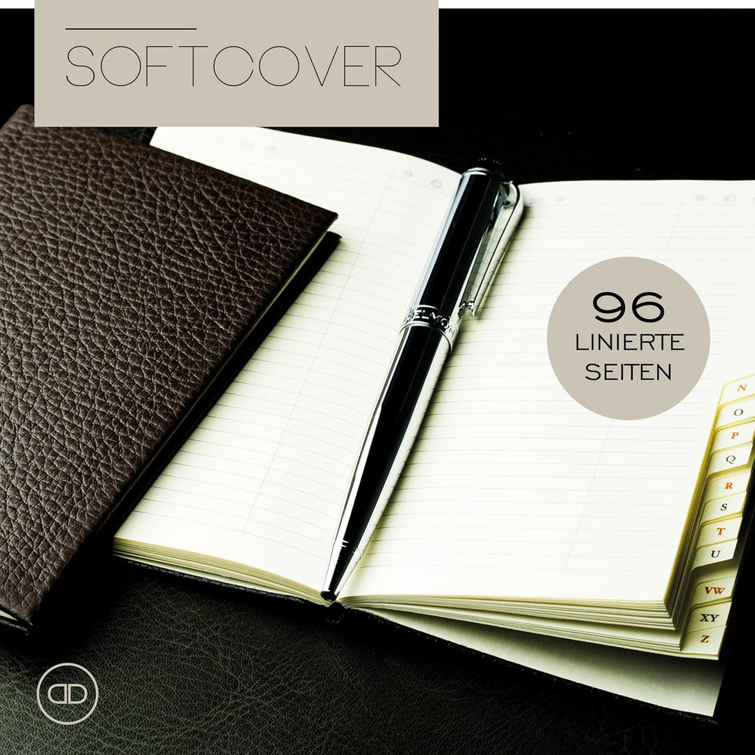 DELMON VARONE - Personalisierbares Adressbuch DIN A7 gebunden mit A-Z Register Soft Grain Premium Le