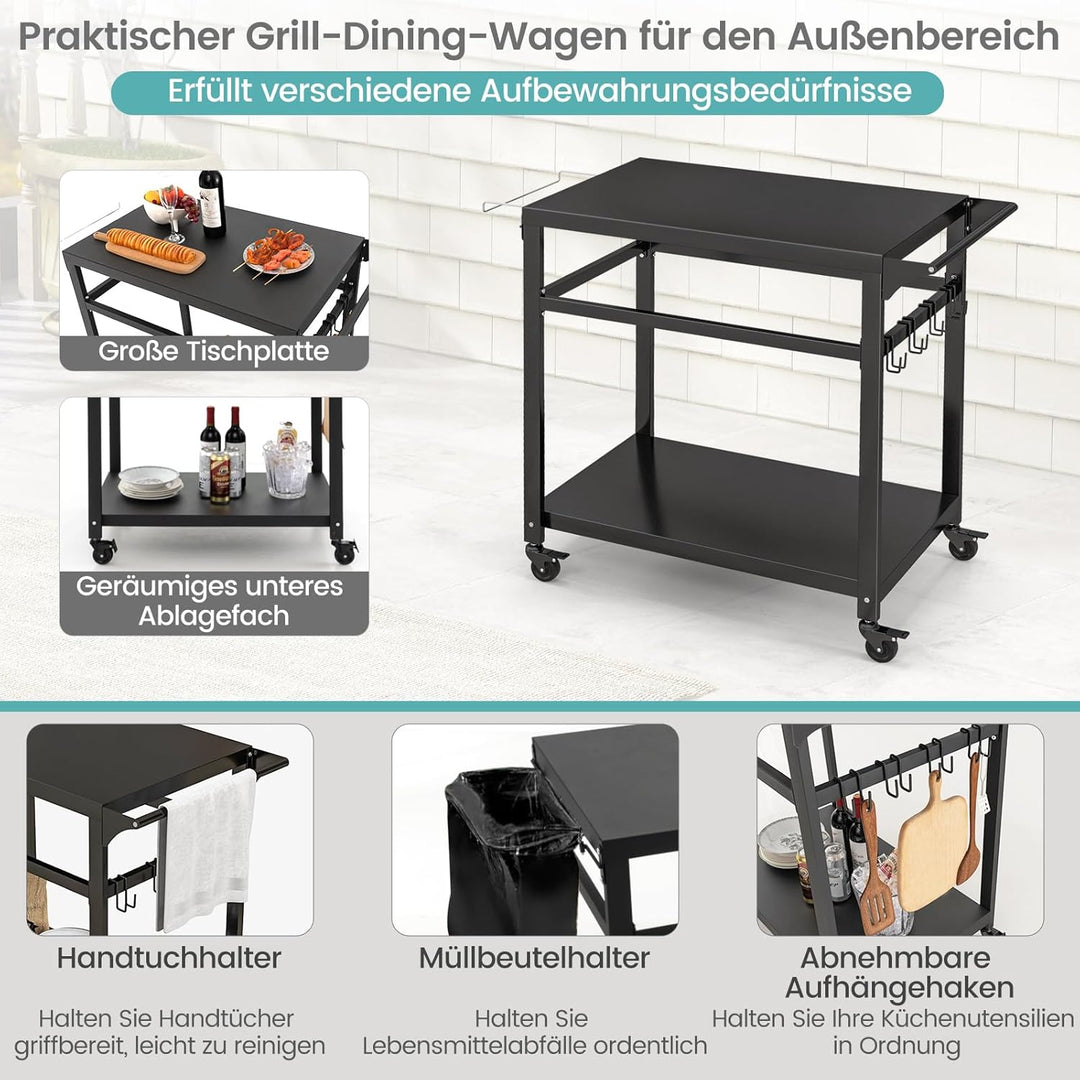 COSTWAY Grillwagen Grilltisch Outdoor, Pizzatisch mit 2 Ablagen & 4 Rollen & Haken, Grill Beistellti