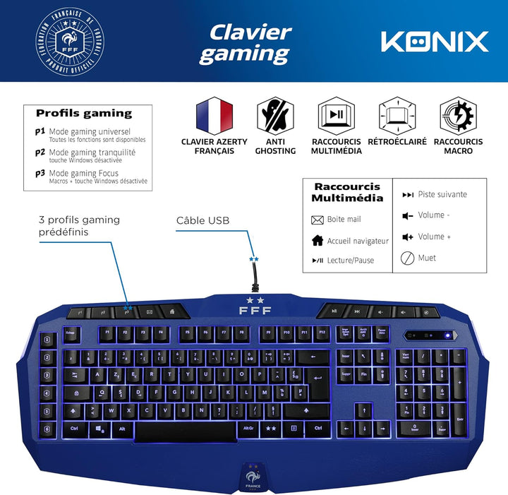 Konix FFF Membran-Gaming-Tastatur AZERTY - Anti-Ghosting mit 26 Tasten - Blaue Hintergrundbeleuchtun