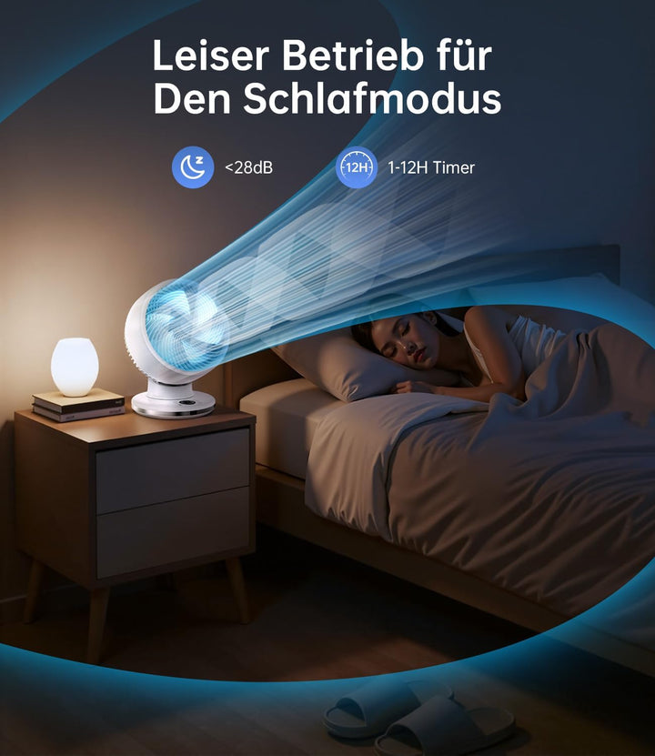 WIE Tischventilator Leiser 28dB, 4 Modi 12-Geschwindigkeit, 90° Oszillation Ventilator, Luftzirkulat