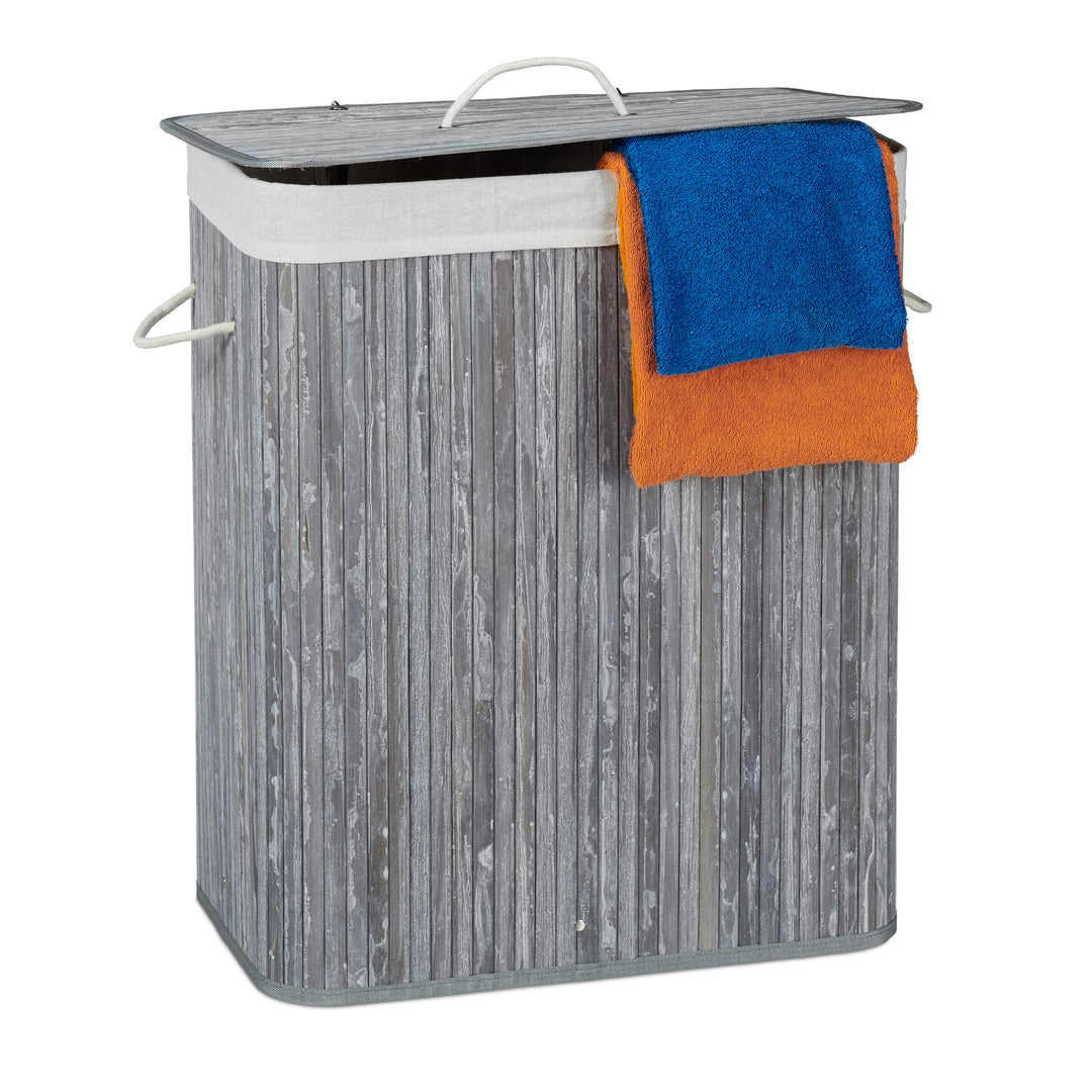 Relaxdays Wäschekorb Bambus mit Deckel, rechteckiger Wäschesammler, 2 Fächer, 95 l Volumen, faltbare