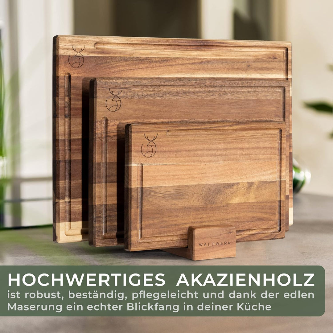 WALDWERK Schneidebrett 3er Set (40x30 / 33x24 / 26x18cm) aus massiver Akazie - Schneidebretter mit B