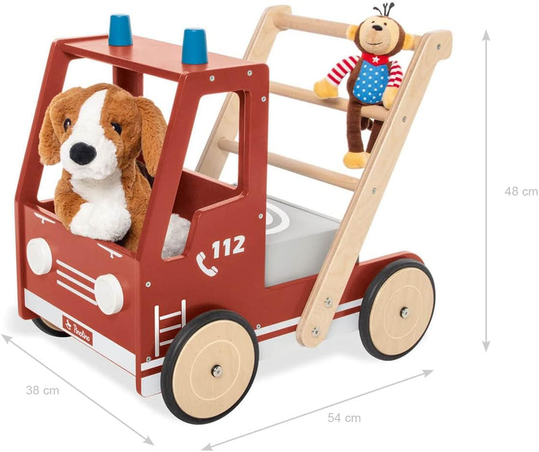 PINOLINO Lauflernwagen Feuerwehrauto Fred, mit Bremssystem, gummierten Holzrädern und herausnehmbare