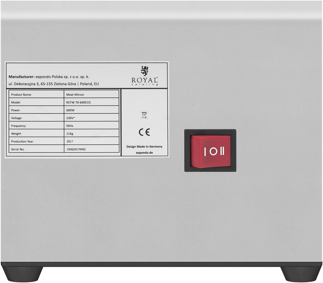 Royal Catering RCFW 70-600ECO Fleischwolf Elektrisch Edelstahl Fleischmaschine (70 kg/h, 600 W, Reve