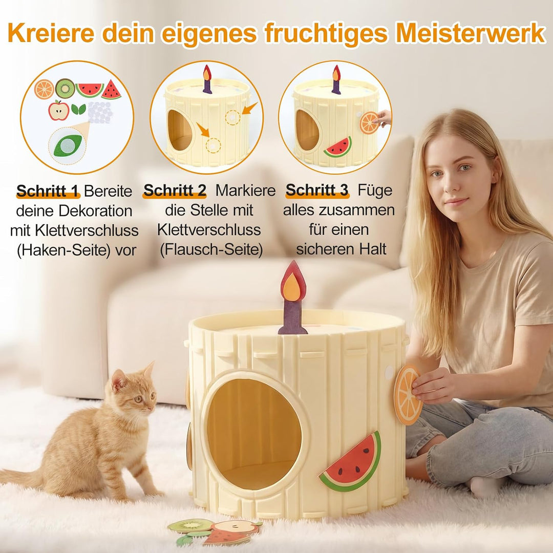 Katzenhöhle Filz, Stabiles Katzenhaus Indoor mit Aufklebern | Katzenbett mit Jingle-Kerze, Kuchen-Ka