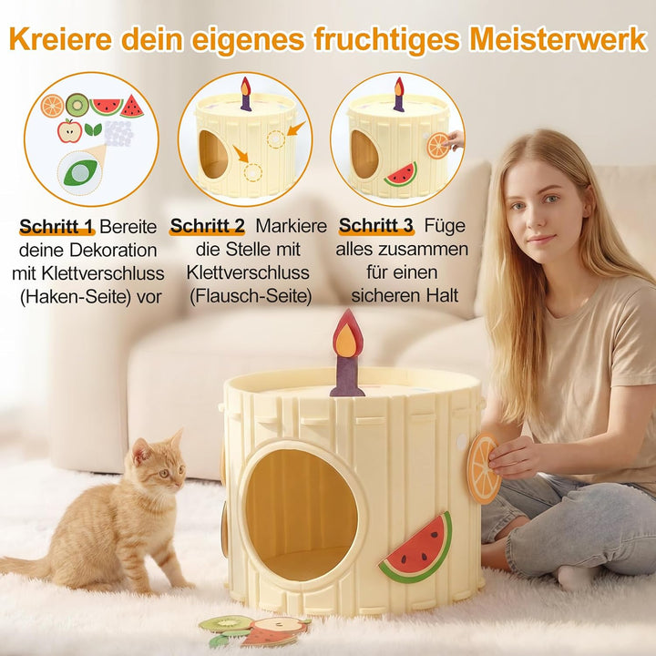 Katzenhöhle Filz, Stabiles Katzenhaus Indoor mit Aufklebern | Katzenbett mit Jingle-Kerze, Kuchen-Ka