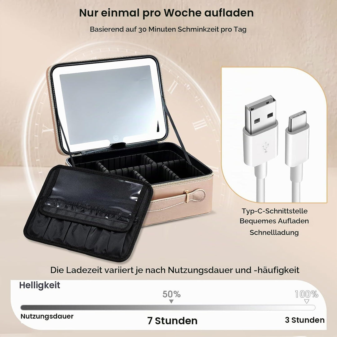 Leder-Kosmetiktasche mit LED-beleuchtetem Spiegel Reise-Kosmetikkoffer Einstellbare Helligkeit in 3