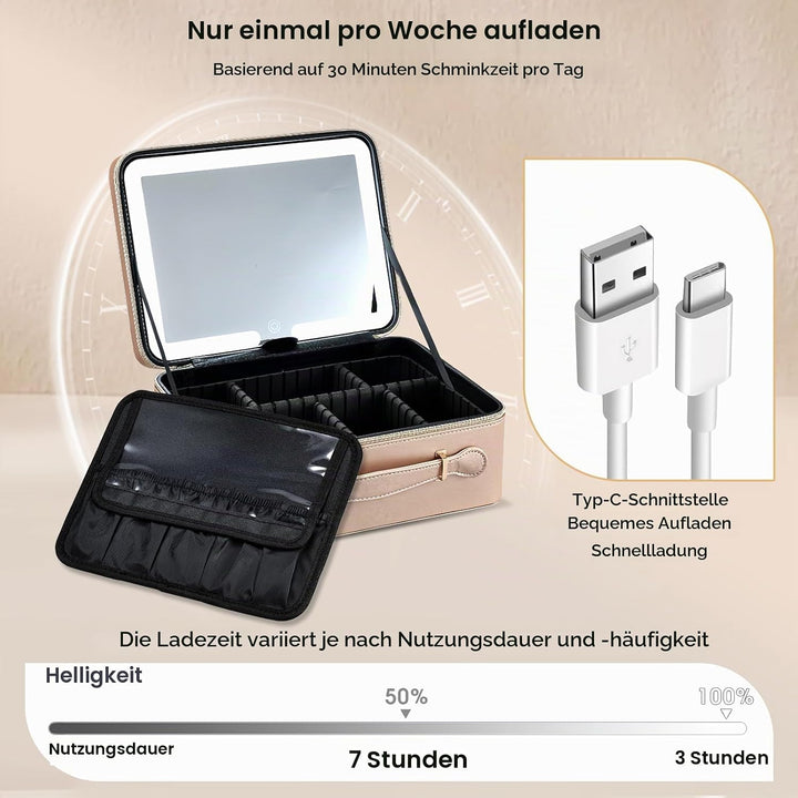 Leder-Kosmetiktasche mit LED-beleuchtetem Spiegel Reise-Kosmetikkoffer Einstellbare Helligkeit in 3