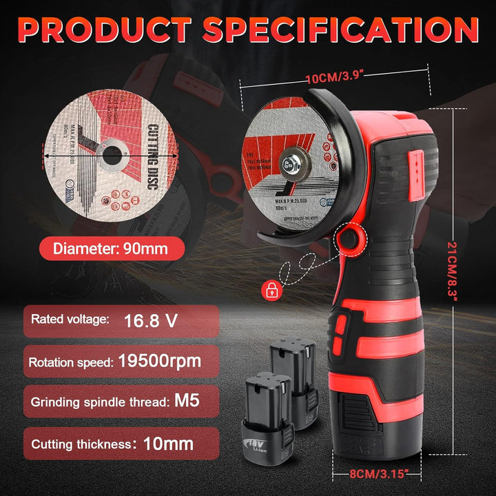 Mini Winkelschleifer, 16.8V Professional Winkelschleifer Set mit 2 Batterien 2000mAh, Trennschleifer