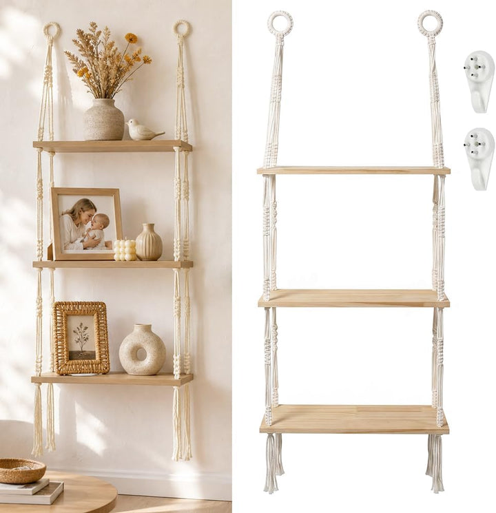 Hängeregal Holz Schweberegal Boho 3 Etagen Wandregal Makramee Regal Hängend Pflanzenregal ohne Bohre