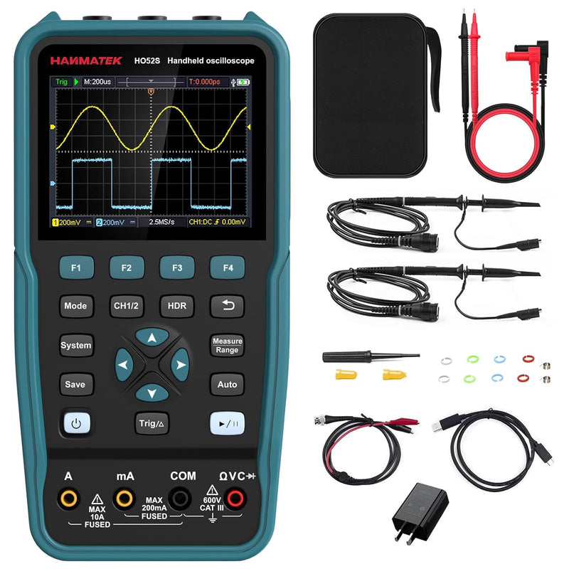 HANMATEK 3 in 1 Handheld Oszilloskop mit 2 Kanälen HO52S 3.5" TFT Oszilloskop,50Mhz Wellenform Gener