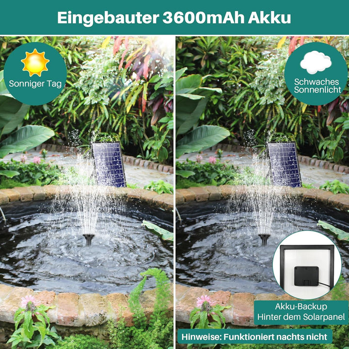 Biling Solar Springbrunnen für Aussen mit 3600mAh Akku Solarbrunnen mit Glas Panel, Solar Teichpump