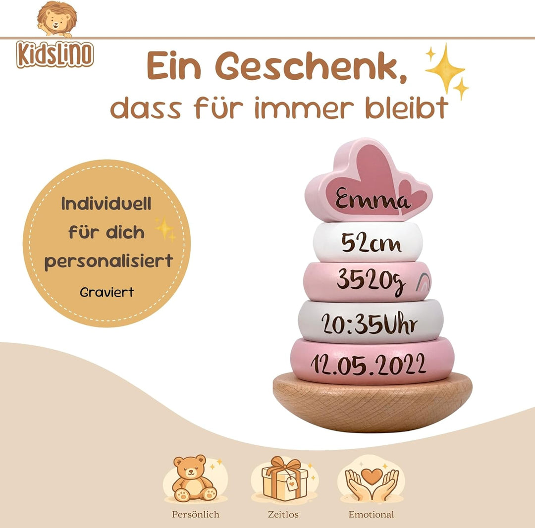 Personalisierbarer Holz-Stapelturm Rosa – fördert Feinmotorik & Koordination – für Kinder ab 12 Mona