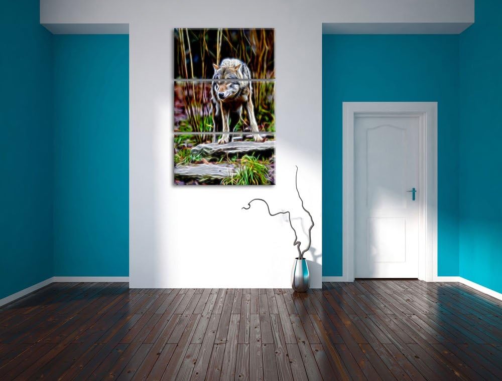 lauernder Wolf Spezial 3-Teiler Leinwandbild 120x80 Bild auf Leinwand, XXL riesige Bilder fertig ger