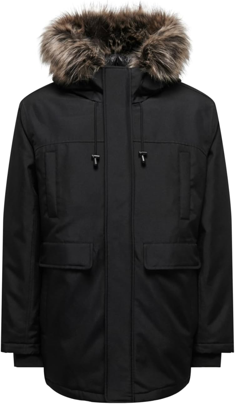 ONLY & SONS Herren Onsfuture Faux Fur Parka OTW Winterjacke M Schwarz, M Schwarz