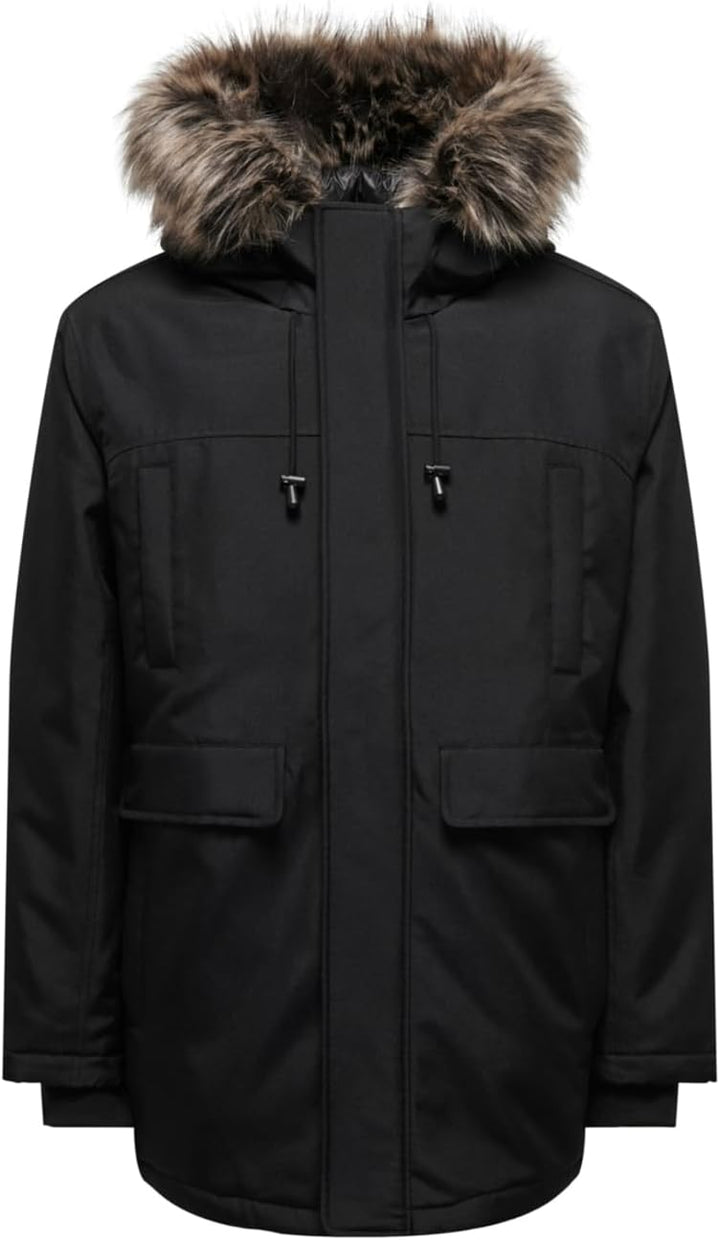 ONLY & SONS Herren Onsfuture Faux Fur Parka OTW Winterjacke M Schwarz, M Schwarz