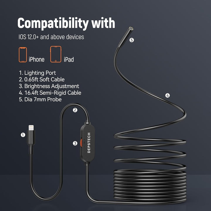 DEPSTECH Inspektionskamera mit Licht, 7 mm dünne Sonde, 5 m halbstarres Kabel, IP67 wasserdichte Sch