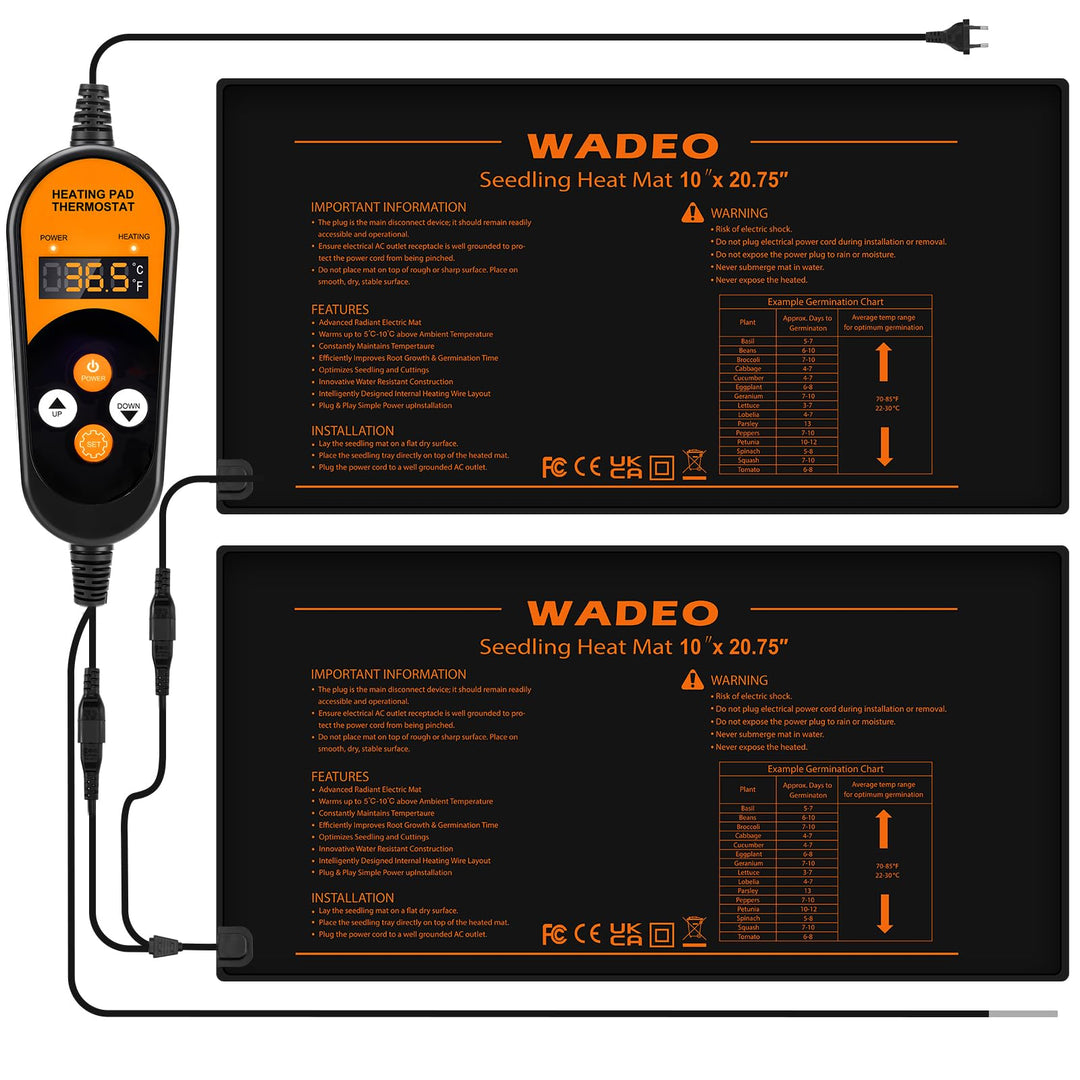 WADEO Heizmatte Pflanzen mit Thermostat 50W, 2 Matten mit 1 Controller, Sämlinge Heizmatte mit autom