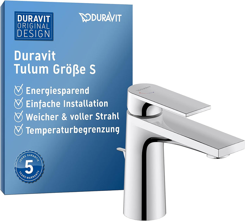 Duravit Tulum Waschtischarmatur, Grösse S (Auslauf Höhe 97 mm), Wasserhahn Bad mit Zugstangen-Ablauf