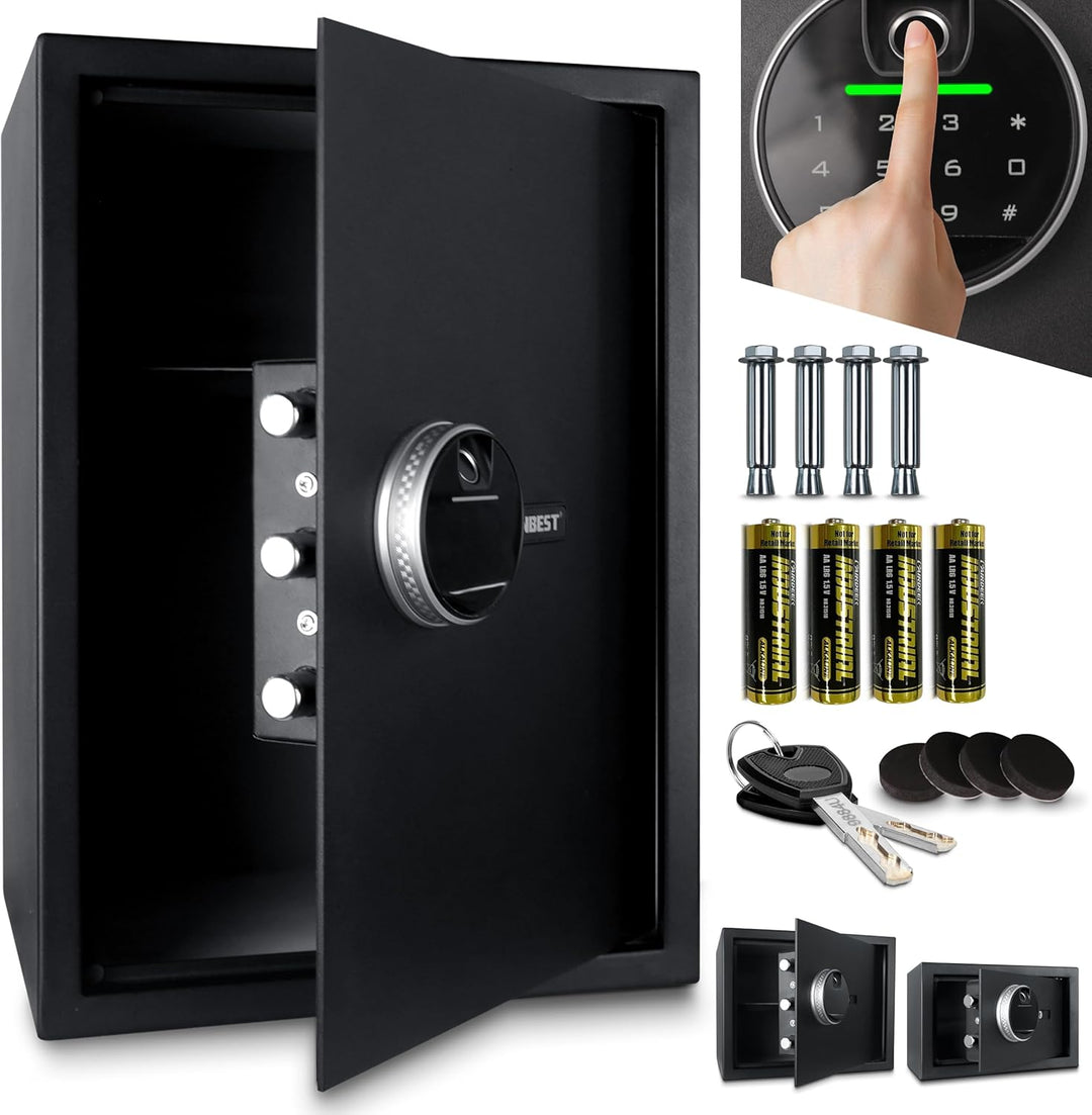 ONBEST elektr. Tresor mit Fingerabdruck, Zahlencode & Schlüssel – Safe aus Stahl mit 3 Schliessbolze