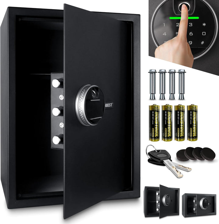 ONBEST elektr. Tresor mit Fingerabdruck, Zahlencode & Schlüssel – Safe aus Stahl mit 3 Schliessbolze