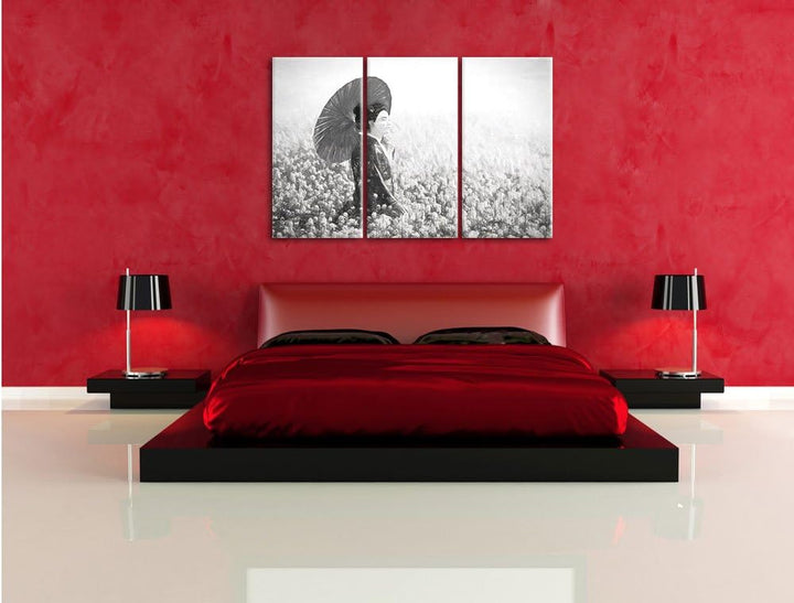 Pixxprint Geisha auf dem Feld Kunst Kohle Effekt 3-Teiler Leinwandbild 120x80 Bild auf Leinwand
