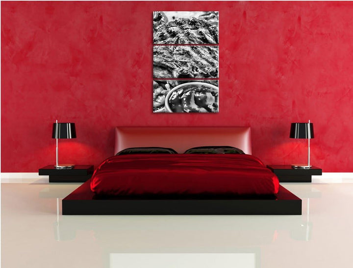 Pixxprint Monocrome, Gegrilltes Steak 3-Teiler Leinwandbild 120x80 Bild auf Leinwand