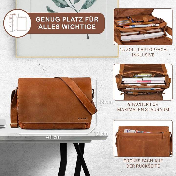 STILORD 'Tom' Vintage Leder Umhängetasche für Studium Uni Büro Arbeit 15 Zoll Laptoptasche DIN A4 Sc