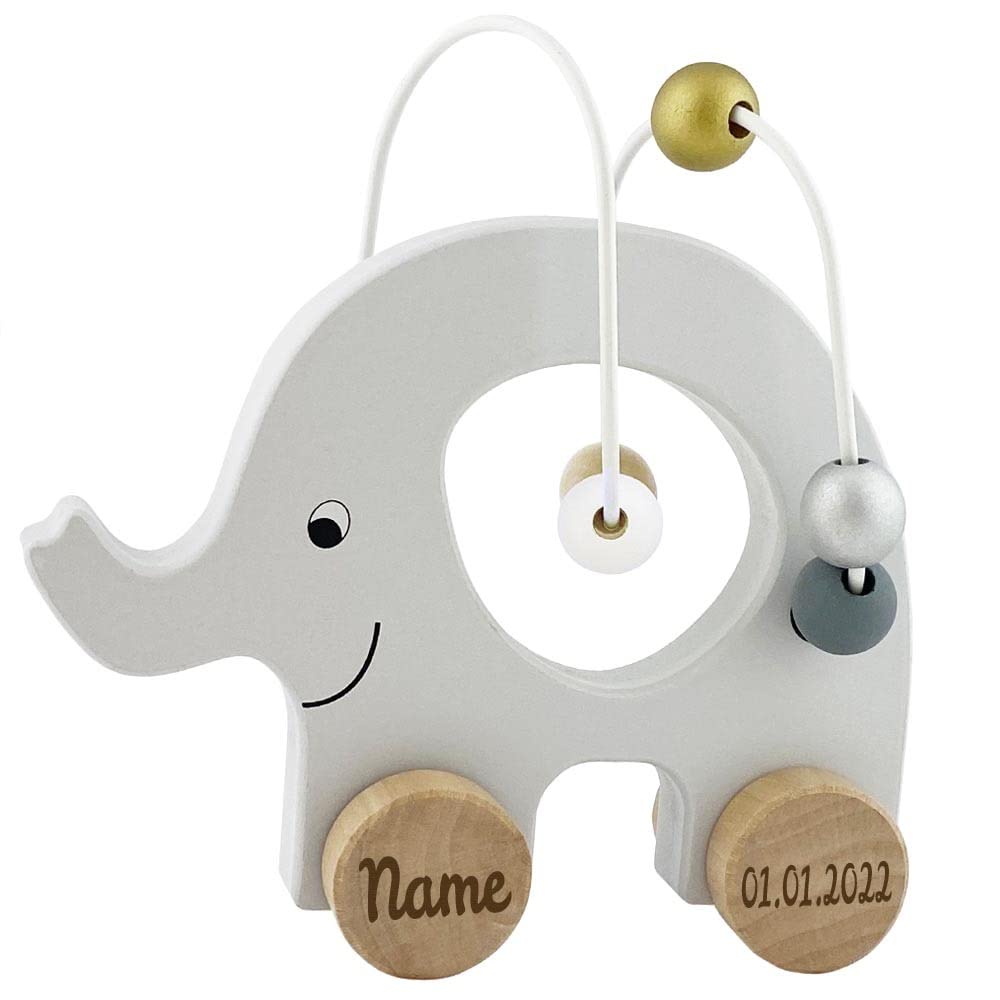 Spielzeug Elefant mit Abakus aus Holz personalisierbar mit Name und Datum Baby Geschenk mit Gravur