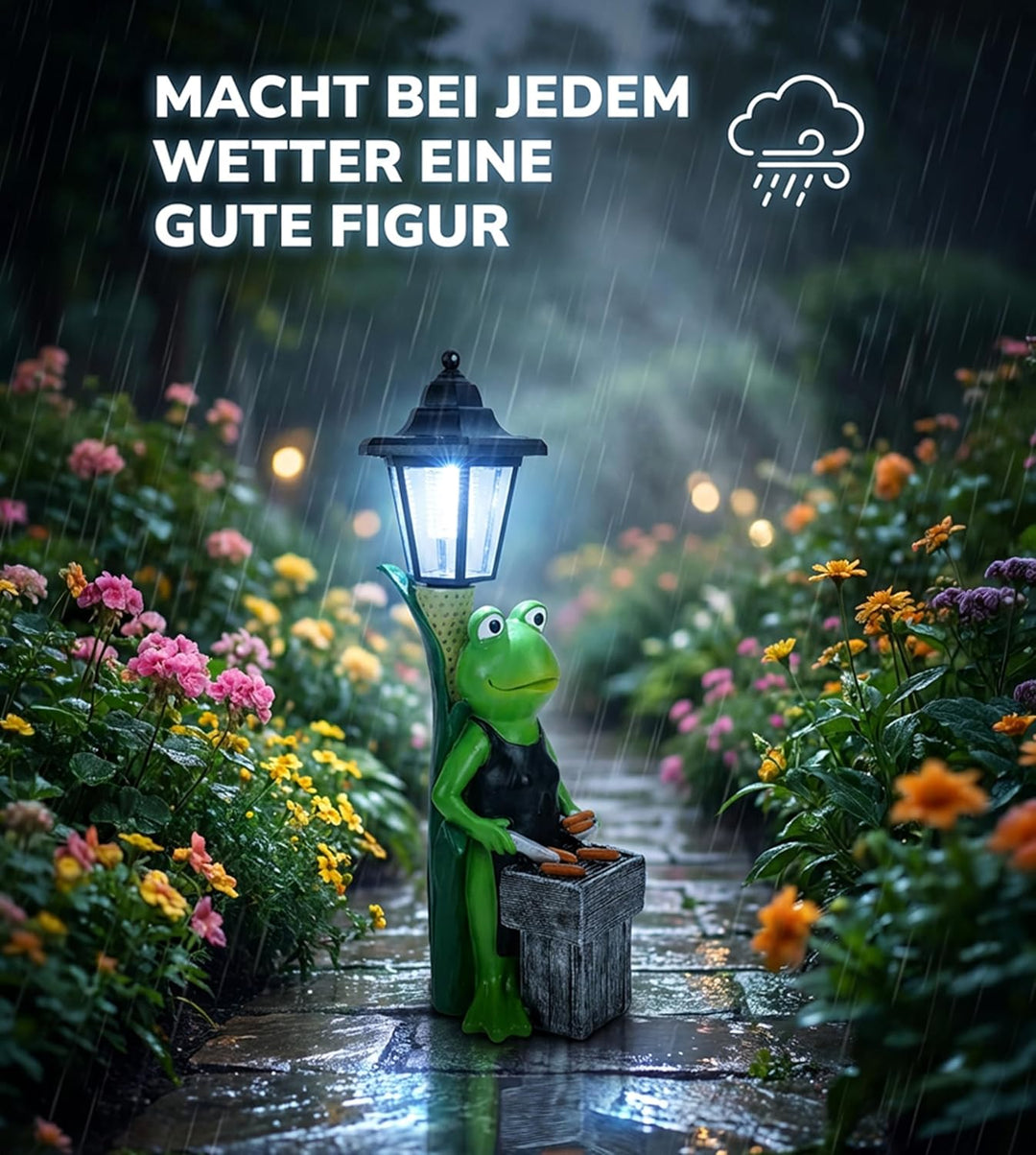 Kremers Schatzkiste XXL Frosch Grillmeister LED Solarlaterne 42x14cm handbemalte Polyresin Gartenfig