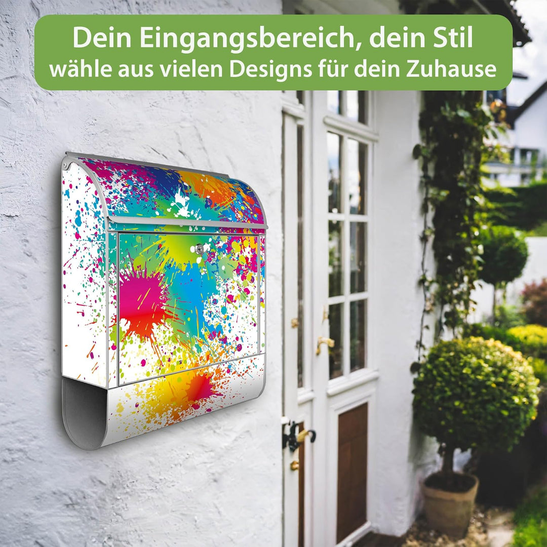 banjado® Design Briefkasten mit Motiv Farbspritzer 39x47x14cm &amp; 2 Schlüssel - Briefkasten Stahl Silb