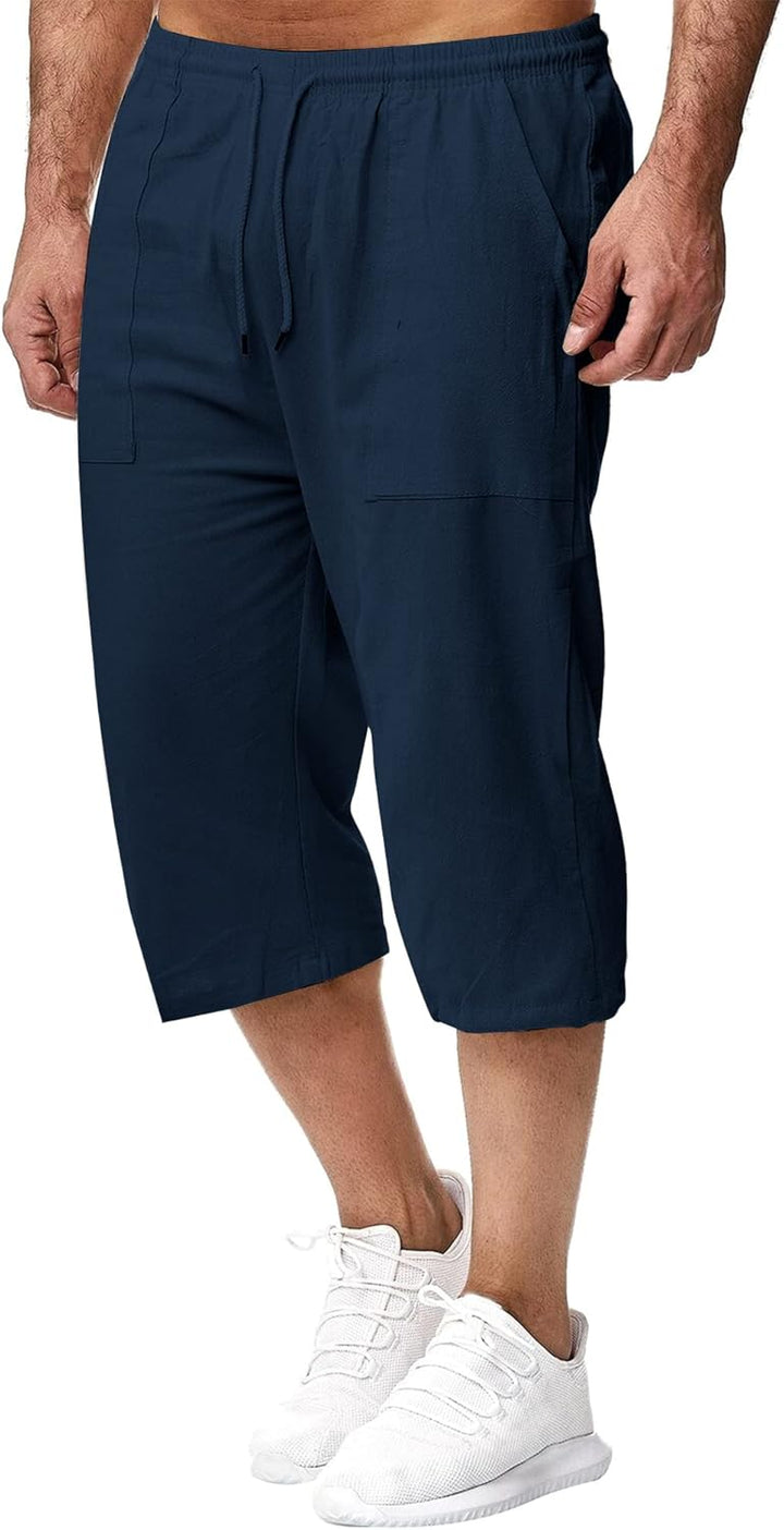 Herren Leinen-Shorts 3/4 Länge Hosen Sommerhose Strand Yoga Jogger Casual Sweatpants Dunkelblau S, D
