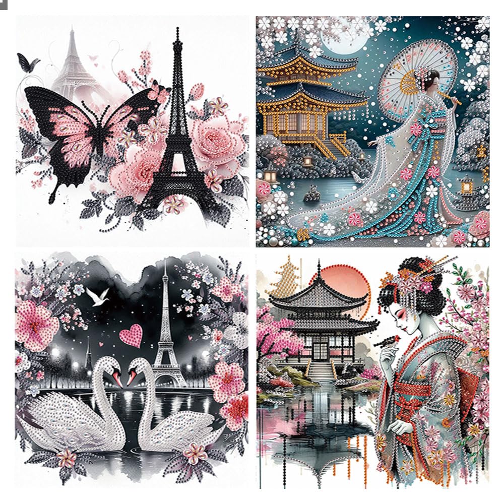 DCIDBEI 4 Pack Diamond Painting Spezial Strasssteine Pariser Eiffelturm 30x30cm Stickbilder Erwachse