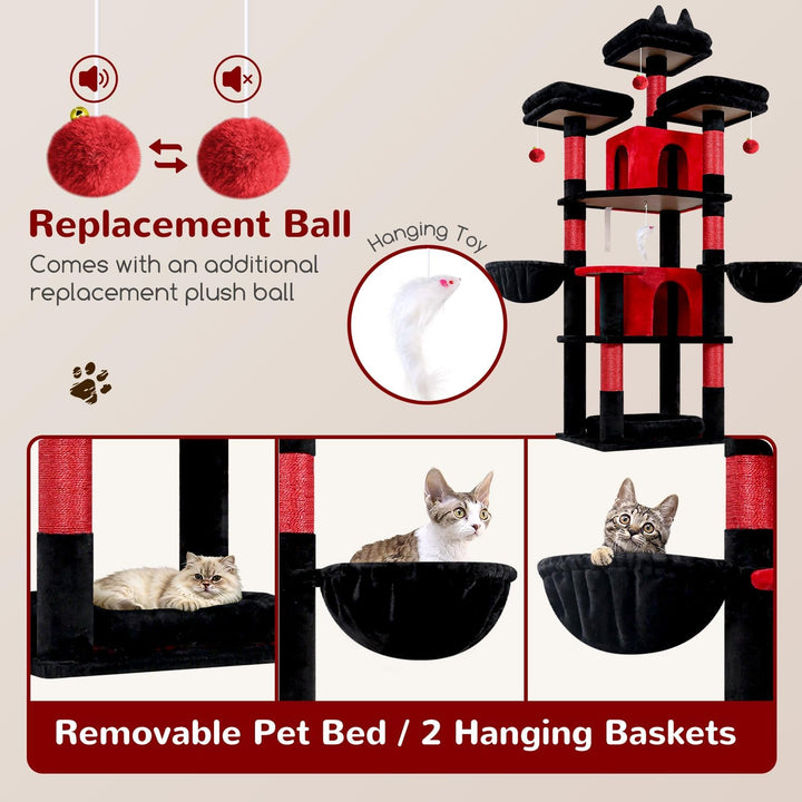 Globlazer Kratzbaum Schwarz Rot Stabil 174 cm mit 3 Gepolsterte Sitzstangen, 2 Katzenhaus, 2 Korb, A
